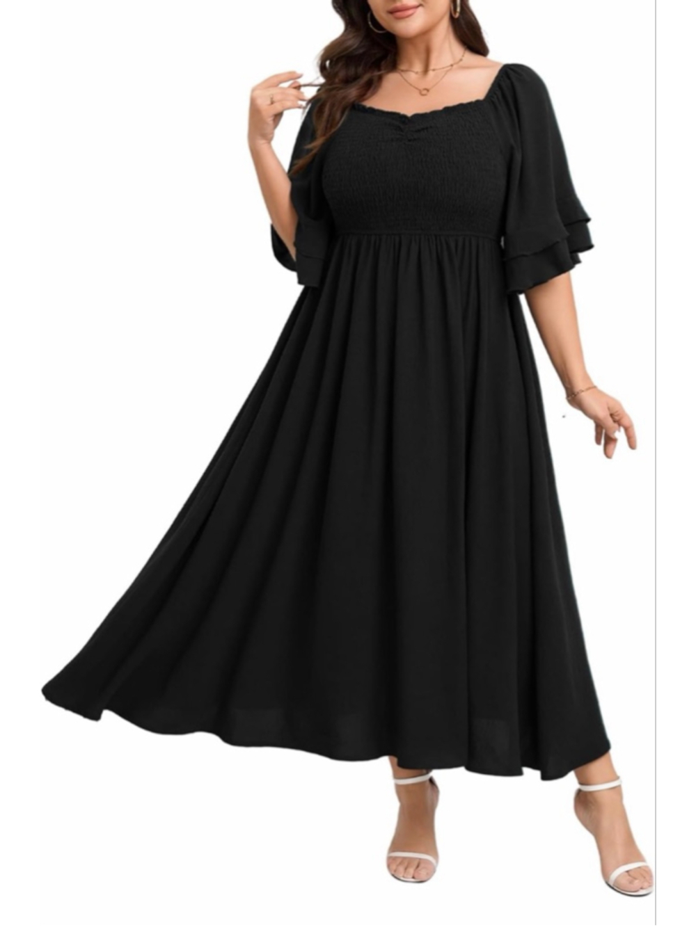 NEW Plus Size Smocked Square Neck Short Sleeve Dress 1X